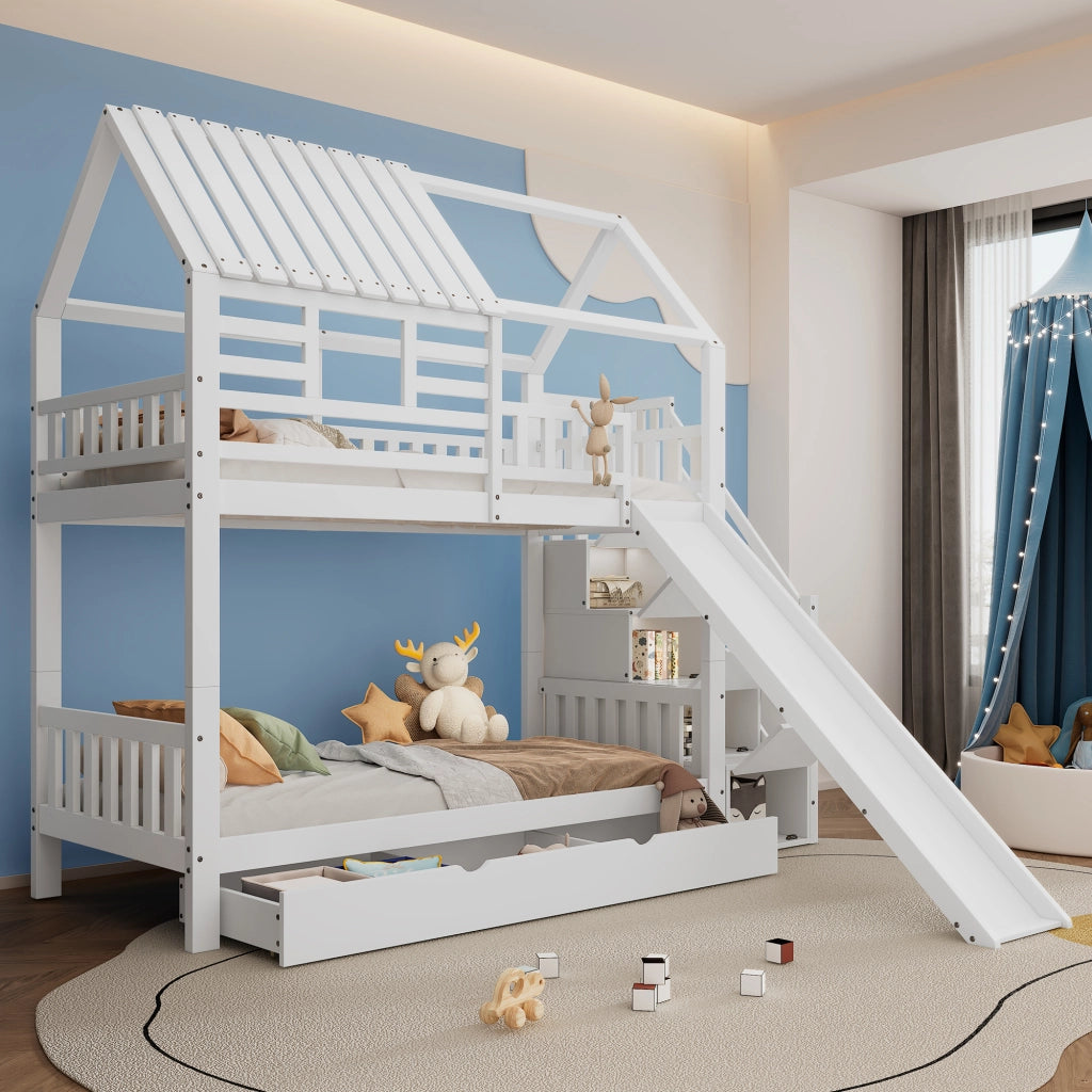 Letto a Castello 90x200 cm con Scala; Scivolo; Contenitori e Cassetti in Bianco