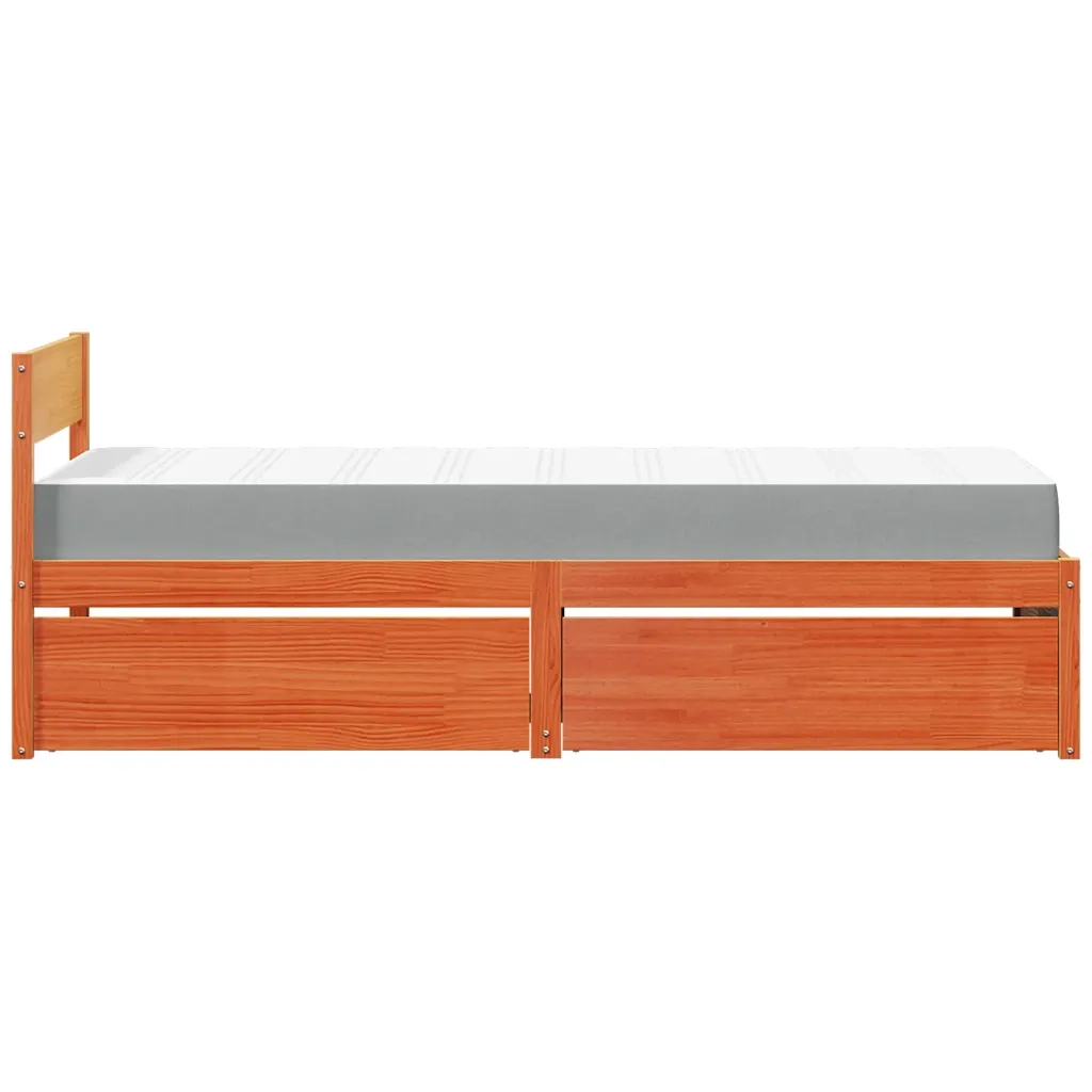 Letto Cassetti e Materasso-Struttura Letto con contenitore Marrone Cera 90x200cm Massello Pino