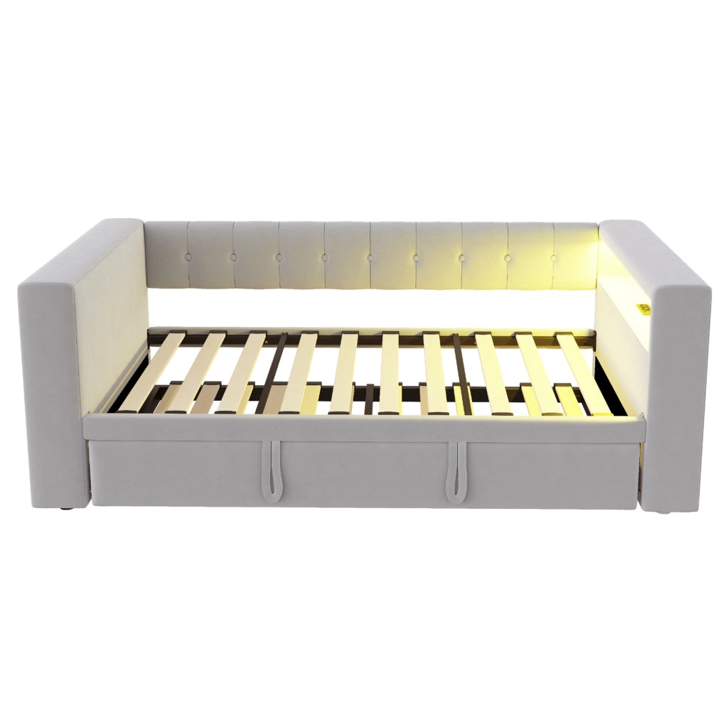 Divano letto multifunzionale 90/180x190 cm con LED; prese e vano contenitore; grigio chiaro