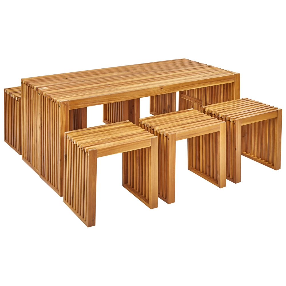 Set da pranzo da giardino 8 pezzi Tavolo rettangolare in legno massiccio di acacia chiaro 6 sgabelli Stile rustico moderno per interni esterni