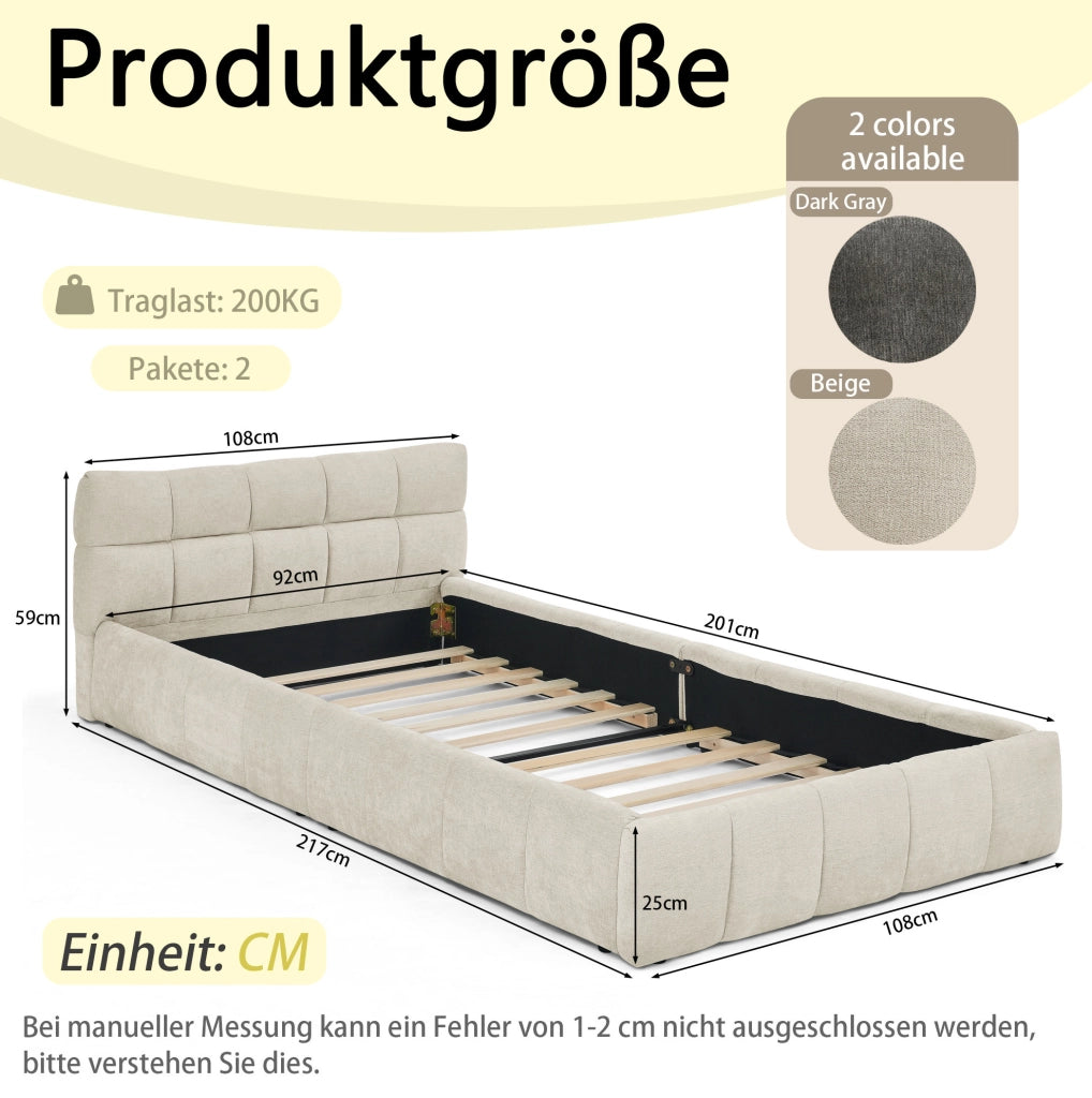 Letto singolo per bambini 90x200 cm imbottito in ciniglia con struttura in eucalipto e ferro; beige