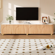 Mobile TV 180x35x40 cm con 4 ante e rilievo ad arco in MDF e pannello truciolare naturale e bianco