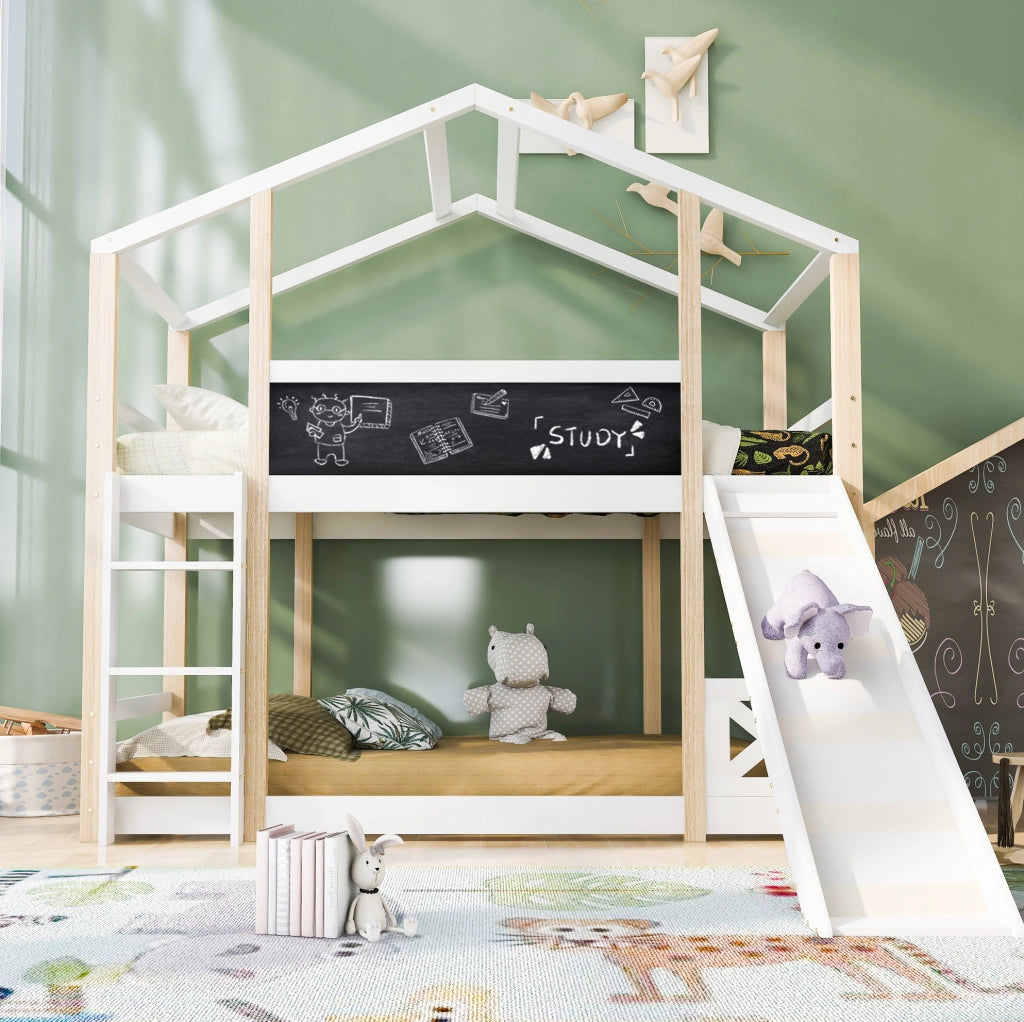 Letto a soppalco per bambini con scala e scivolo 90x200 cm in legno massello bianco