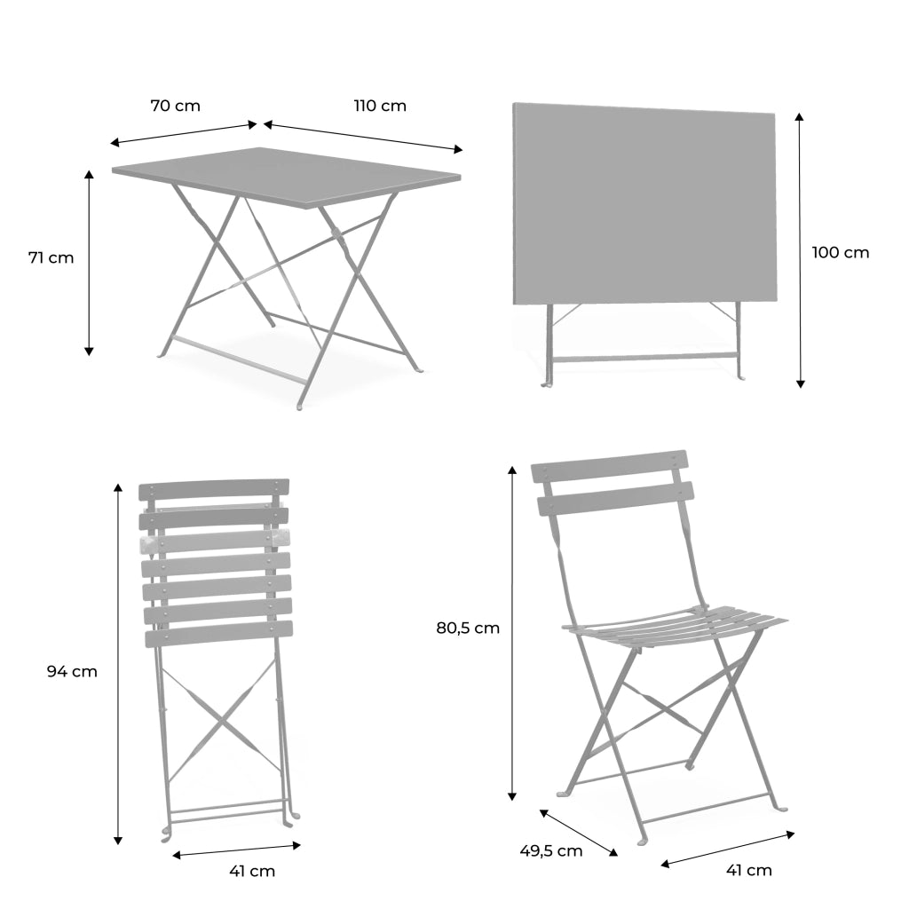 Set tavolo da giardino pieghevole in acciaio con 4 sedie, 110cm,