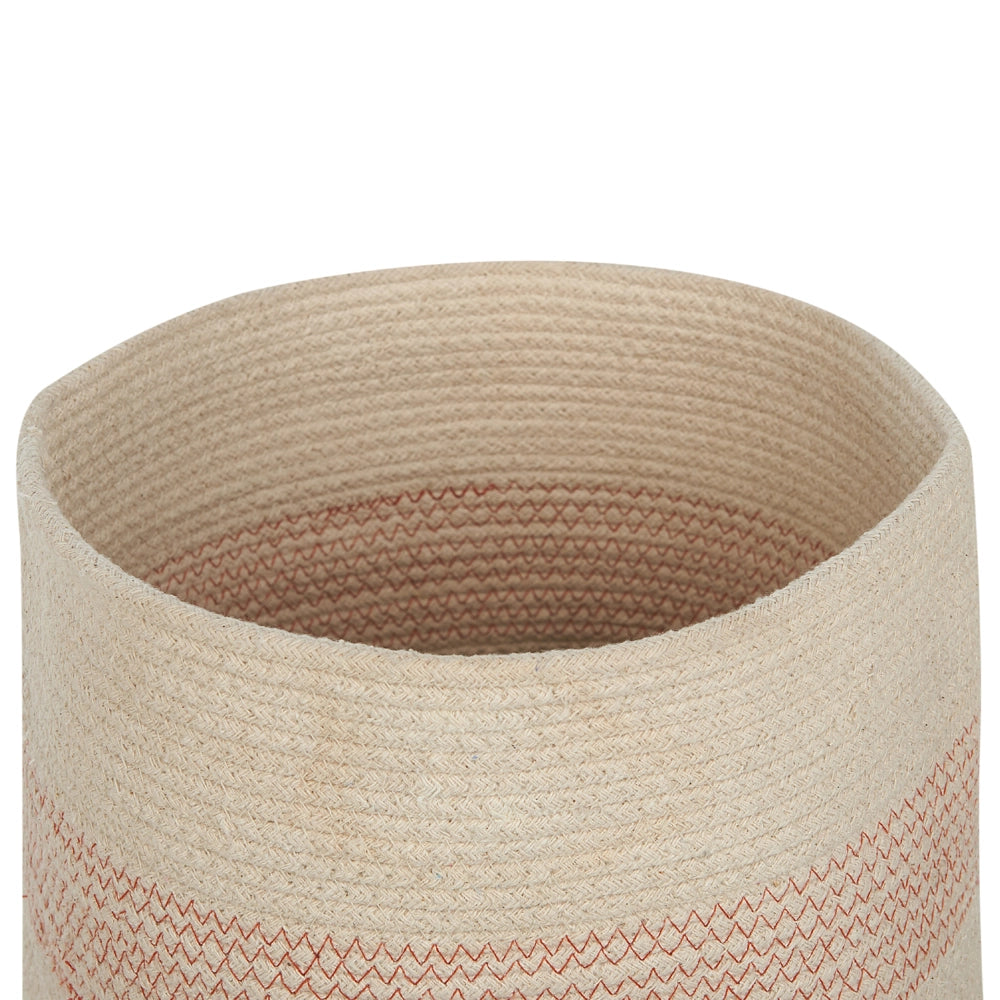 Cestino in tessuto di cotone a righe beige chiaro e rosa con accessori per la conservazione del coperchio boho