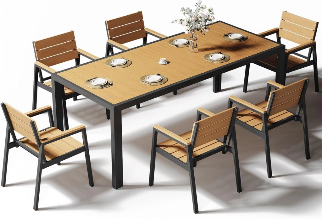 HDPS Set Tavolo e Sedie da Giardino 7 Pezzi Resistente alle Intemperie, Completo di Tavolo 189 cm e 6 Sedie da Esterno in Alluminio, Finitura a Vena di Legno e Facile da Manutenzionare,Naturale