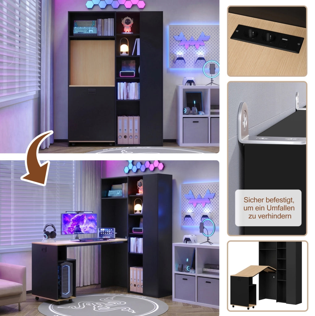Scrivania pieghevole con libreria 104;5x30;5x160 cm in MDF nero e rovere; con presa EU e USB