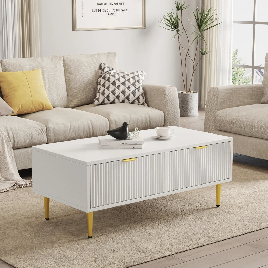TAVOLINO DA SALOTTO 100x50x40 cm Bianco/Oro con 2 Cassetti