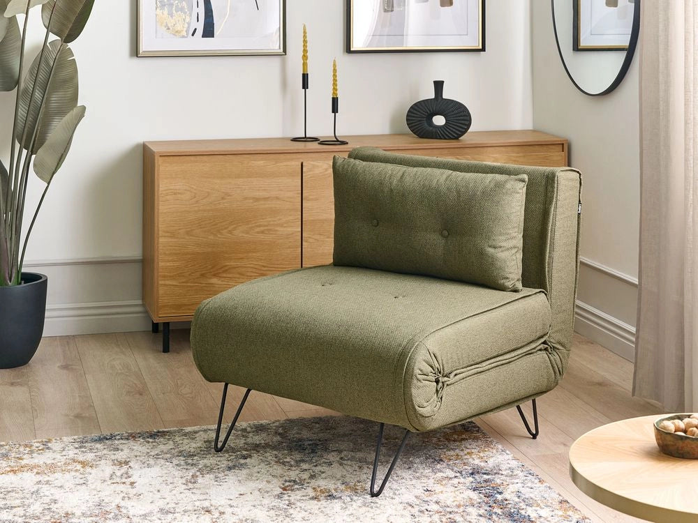 Divano letto singolo a 1 posto con cuscino in tessuto verde oliva senza braccioli con cuscino gambe in metallo glamour