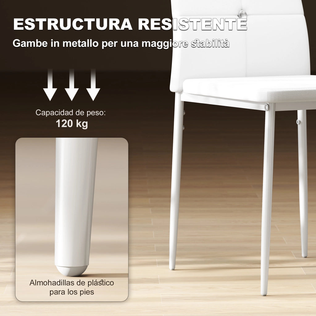 Set di 6 Sedie da Pranzo Imbottite ¨C Zephmum ¨C PU Bianco Schienale Alto con Bottoni Gambe in Acciaio