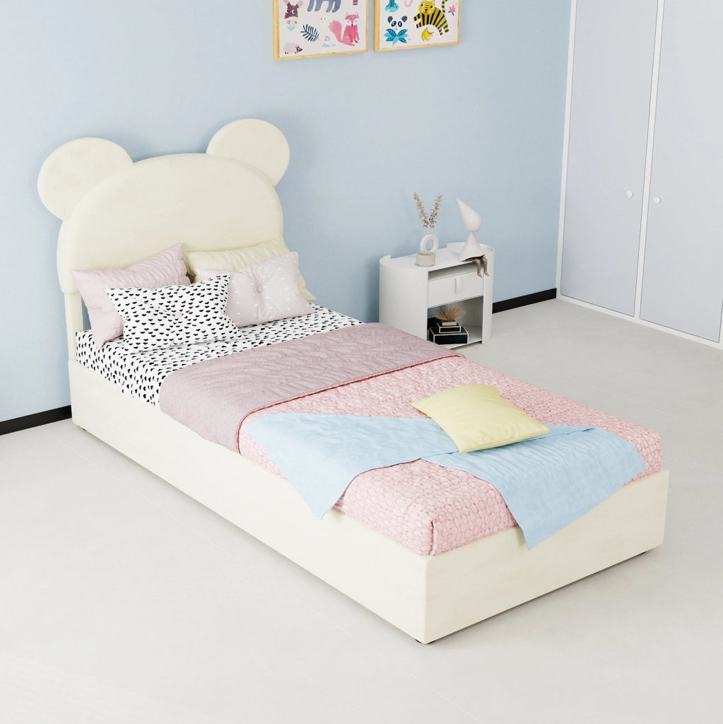 Letto imbottito 90 x 200 cm con vano contenitore a sollevamento pneumatico; beige