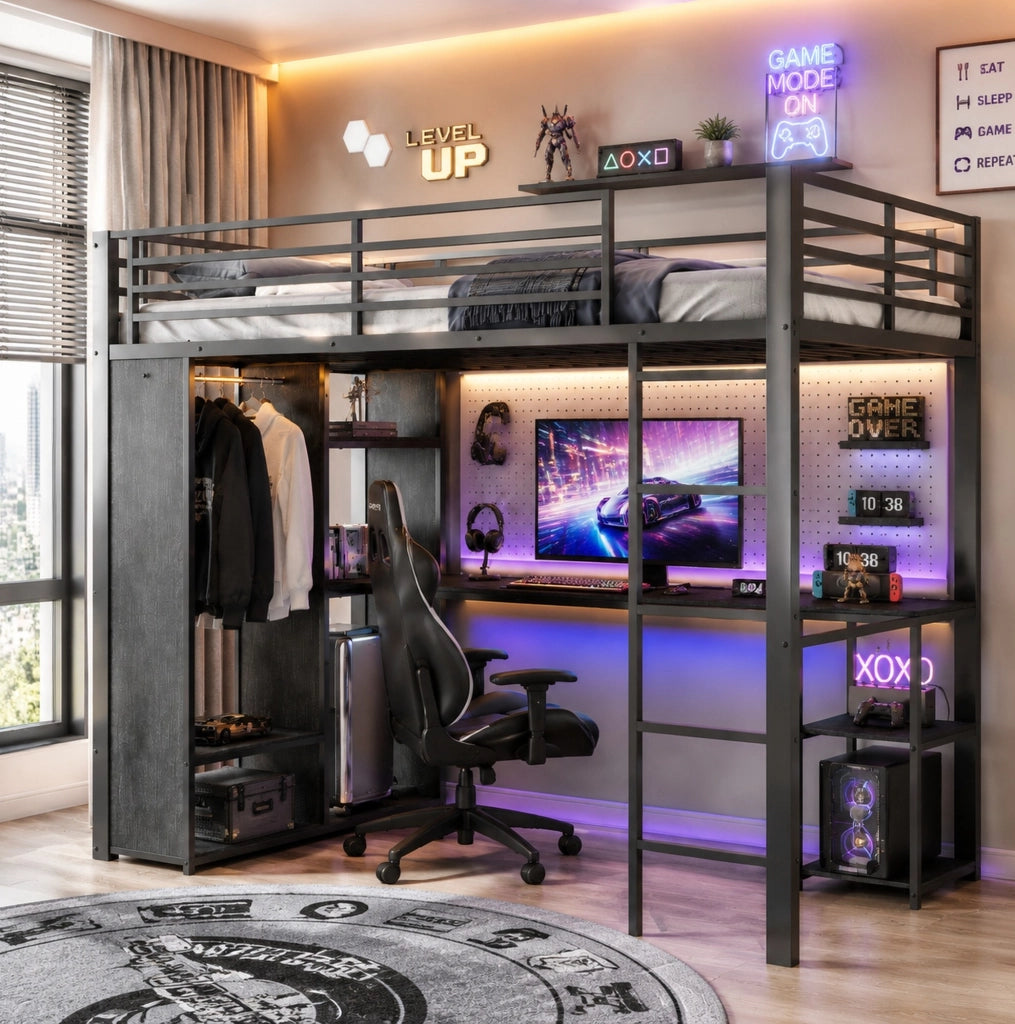 Letto a soppalco 90x200 cm con scrivania e LED nero