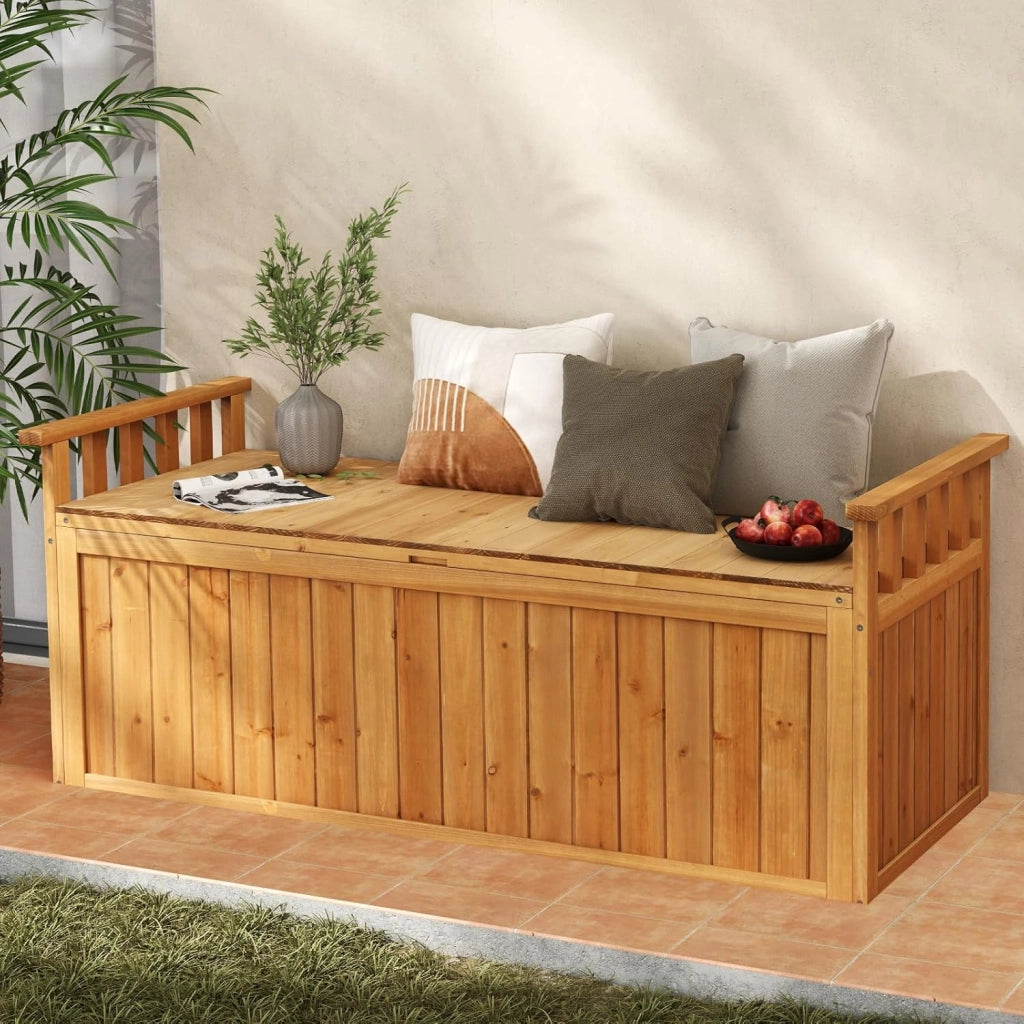 Baule Cassapanca 210 Litri in Legno di Abete, Baule Contenitore da Giardino con Pannello Inferiore Staccabile, Cassapanca Multiuso di Stoccaggio a 2 Posti con 2 Braccioli, da Interno e Esterno