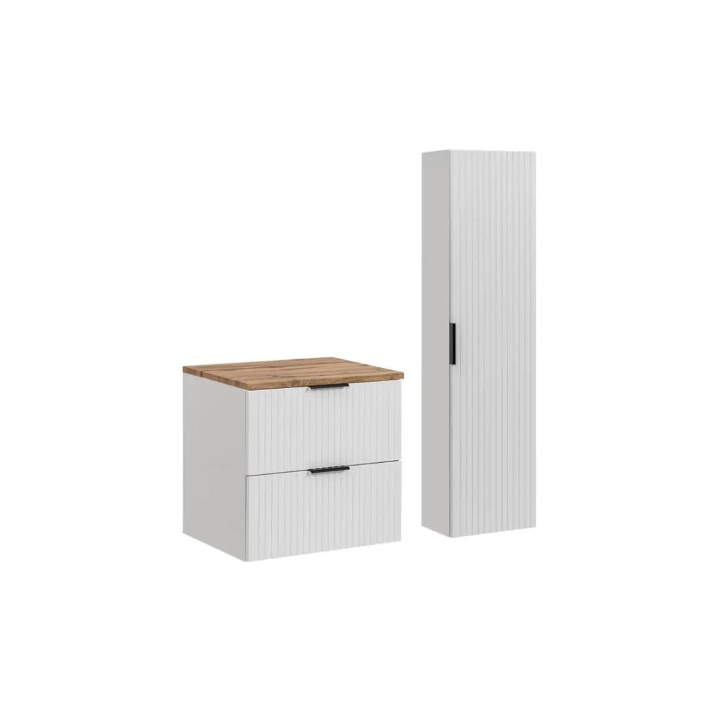 Set da bagno NOXERA 60 cm – Mobile sospeso bianco alpino con piano per lavabo in rovere wotan e colonna murale