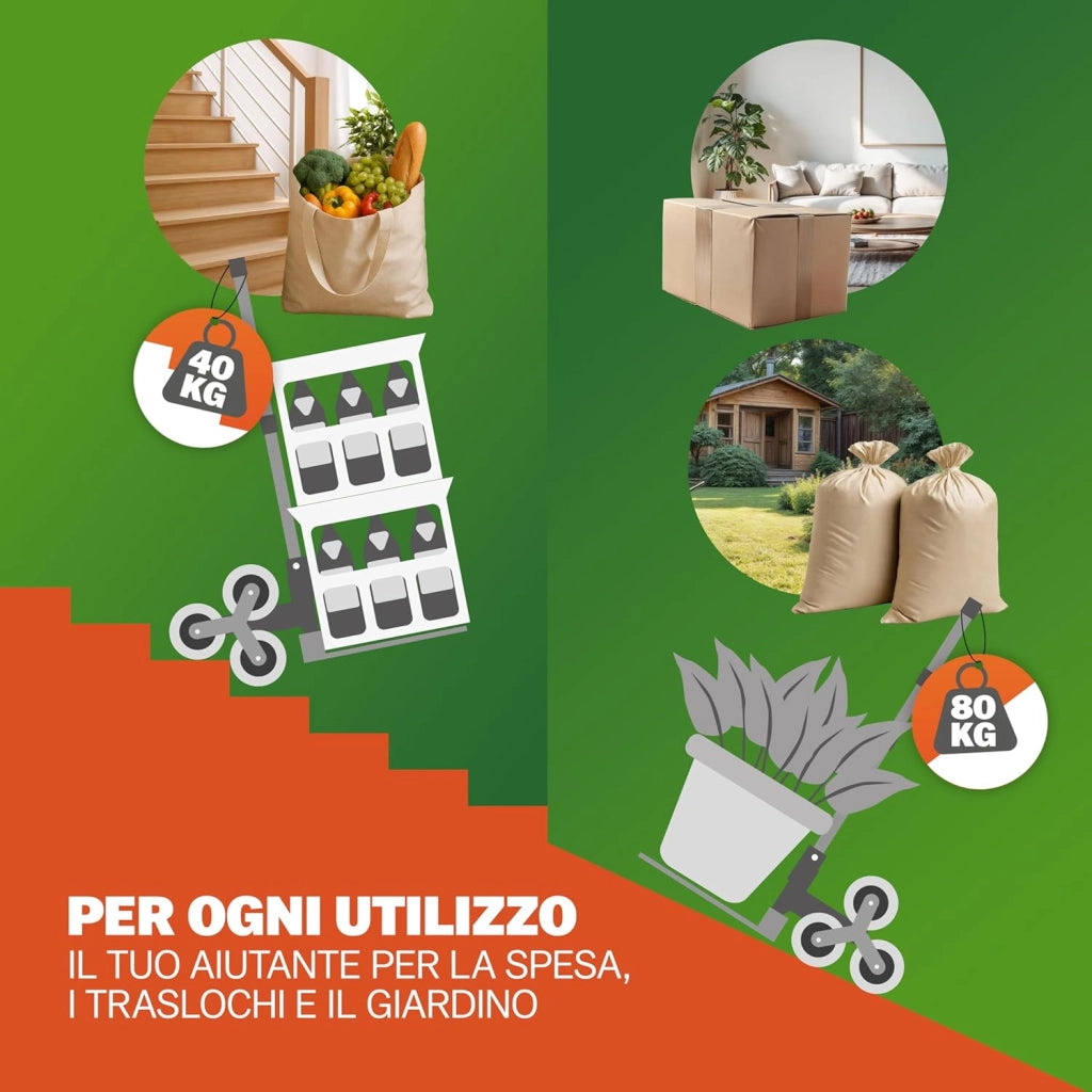® Carrello Saliscale con Ruote in PP Antiforatura Pieghevole 80Kg Alluminio Incl. Guanti 2 Corde Carrellino Portapacchi Trasporto Scatole