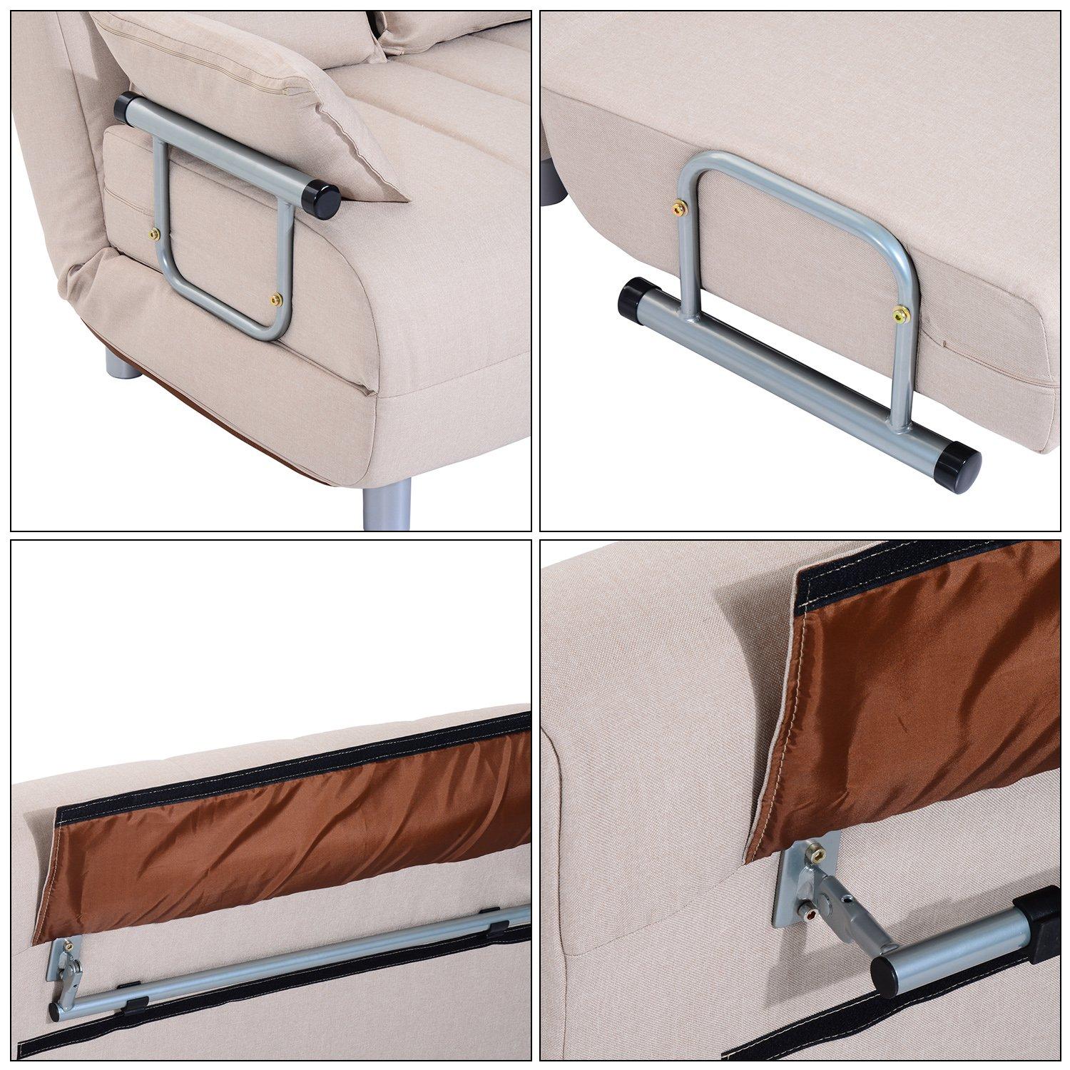 Divano Letto 2 Posti Letto 1 Piazza ½ in Acciaio e Tessuto con 4 Cuscini Crema