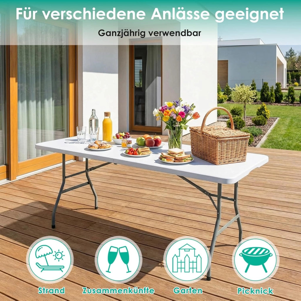 Tavolo da Giardino Pieghevole 180x75 cm,Tavolo da Buffet con Impugnatura di Trasporto,Tavolo Pieghevole in HDPE Plastica per 10 Persone, Bianco,Tavolo da Campeggio Tavolo Feste