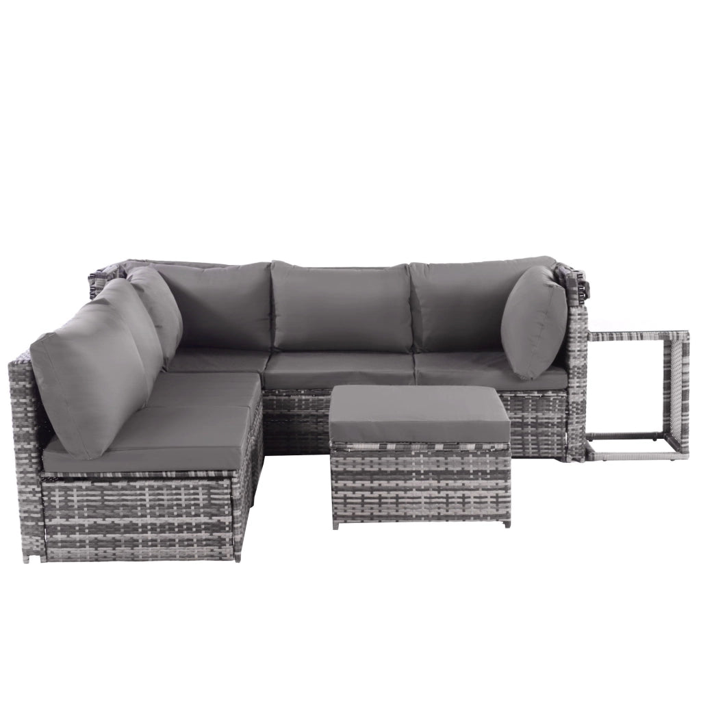 Set da giardino con area relax divano e ombrellone in rattan resistente alle intemperie per giardino e terrazzo colore grigio.