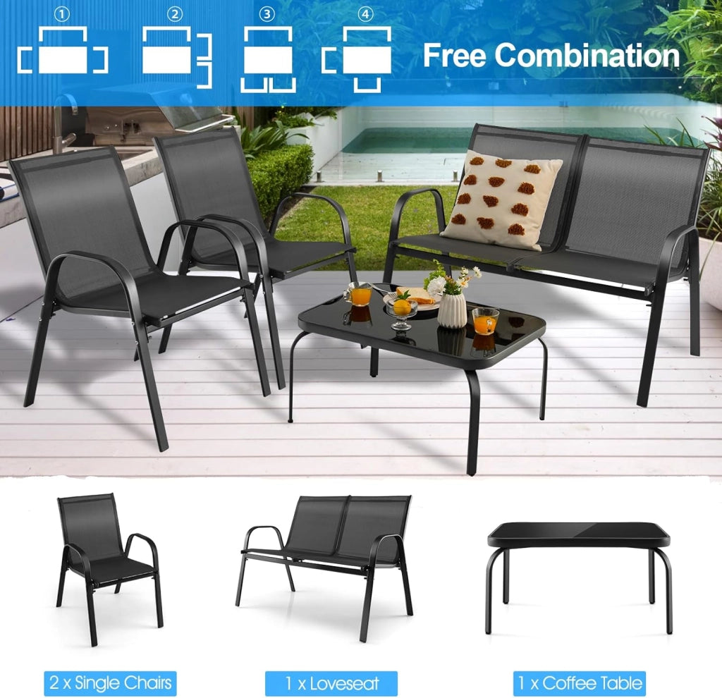 Set di 4 mobili da giardino per 4 persone, set da giardino con 2 sedie e 1 panca e 1 tavolino da caffè, set di mobili da terrazza per balcone, cortile, piscina
