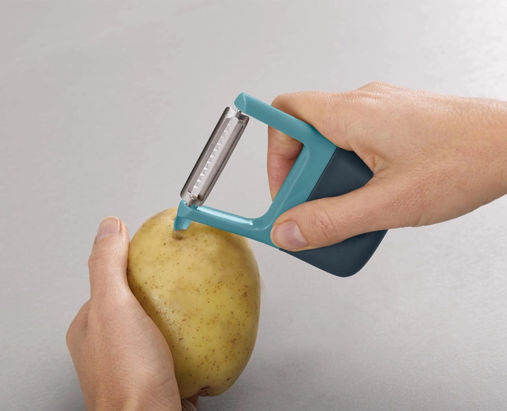 Joseph Joseph Duo Pela Patate e Verdure Julienne, Taglia Verdure Multifunzione con Impugnatura Ergonomica Antiscivolo, Azzurro Scuro