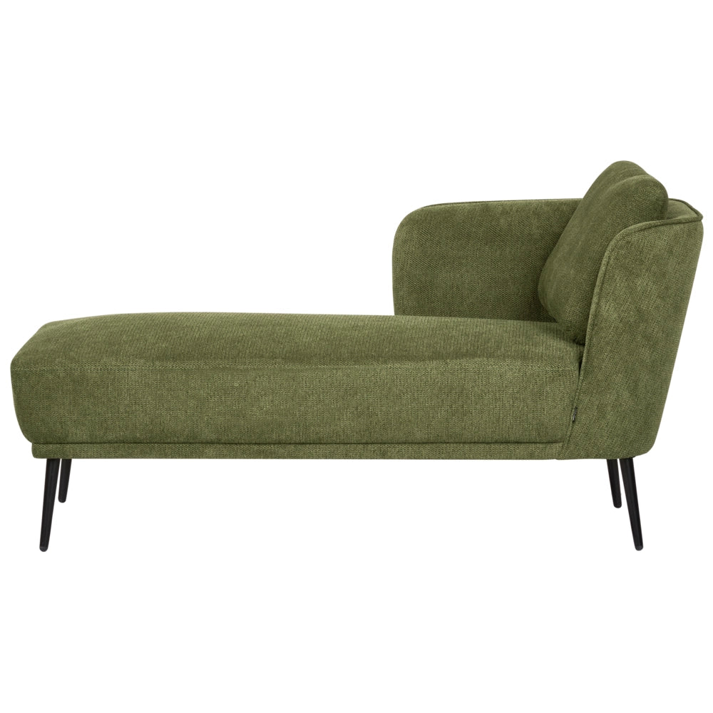 Chaise longue con cuscino verde scuro in tessuto bouclé lato destro stile retrò