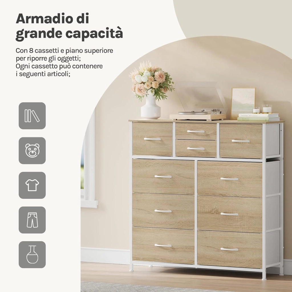 Cassettiera, 10 Cassetti di 3 Dimensioni per Camera da Letto/Corridoio/Soggiorno, Cassettiera in Tessuto, Rovere Chiaro+Bianco, Struttura in Metallo, Legno Lngegnerizzato E1