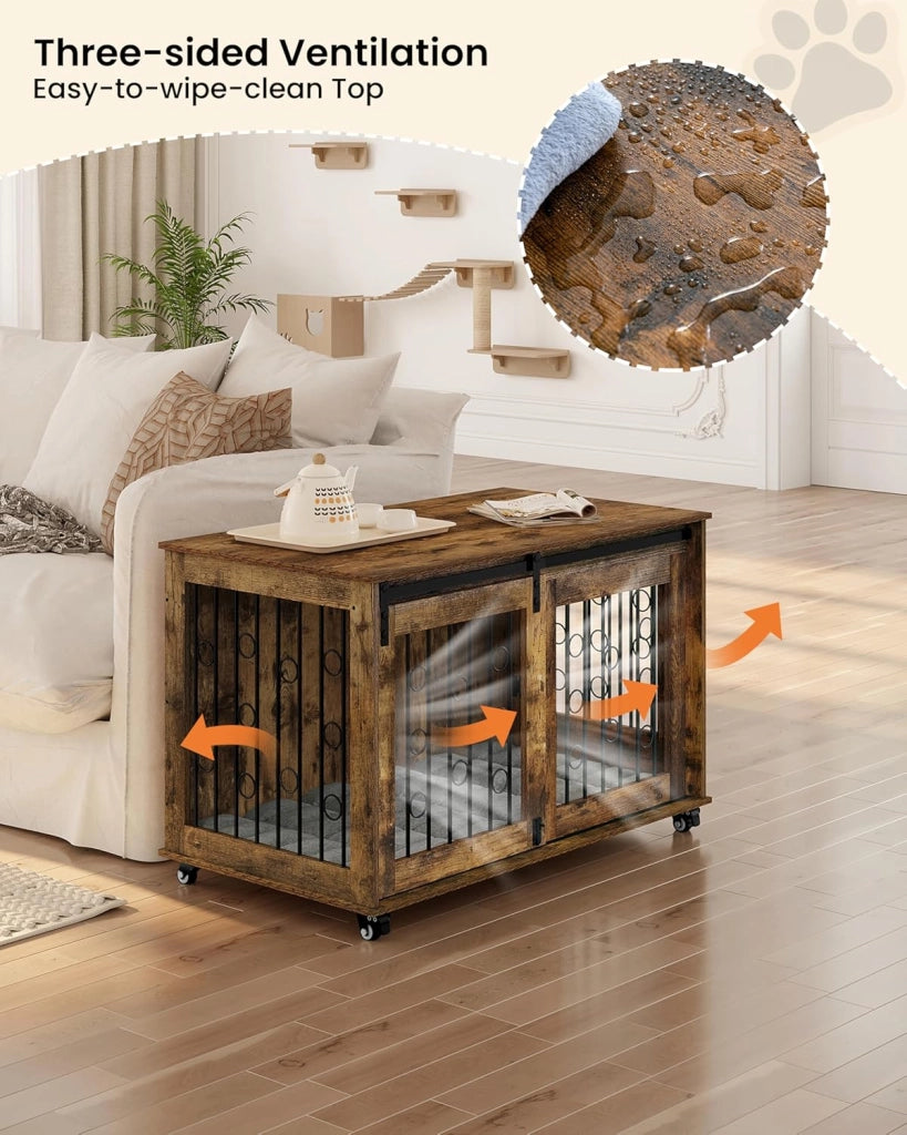 100cm Gabbia per Cani da Interno, Kennel Cane Medio Grande con 2 Porte e Ruote 360° Casetta Gabbia Movibile per Cani, Gabbie per Cane Arredamento in Legno Marrone Vintage 100x56x65cm