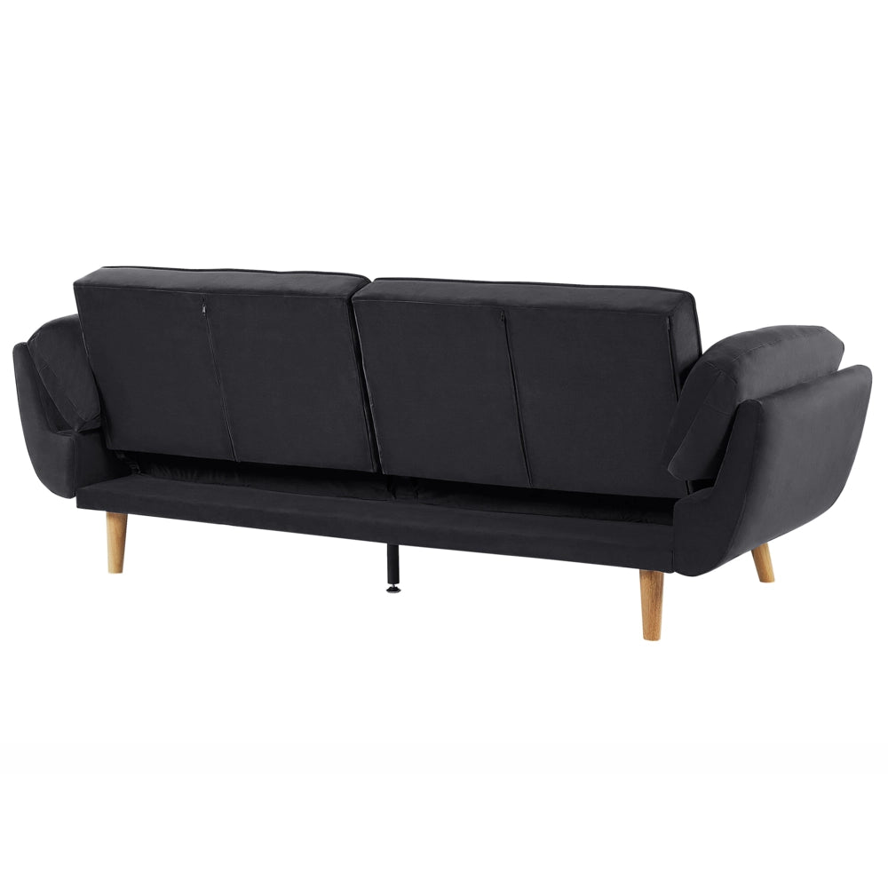 Divano Letto Tessuto Velluto Nero 3 Posti Gambe In Legno Imbottitura In Schiuma Imbottitura Biscuit Schienale Diviso