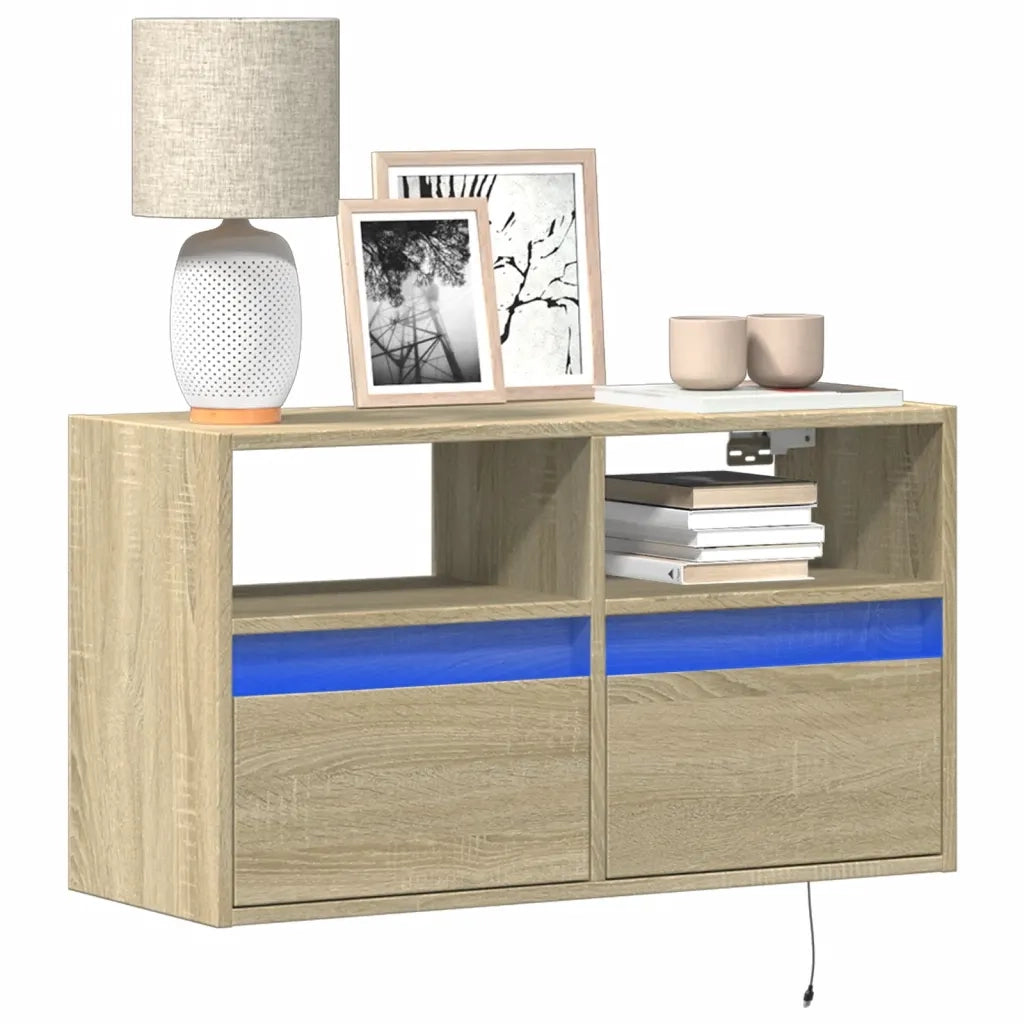 Mobile TV a Parete con Luci LED Rovere Sonoma 80x31x45 cm 852329