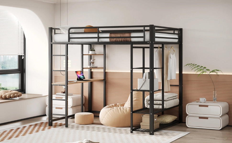 Letto a castello doppio nero con funzione scrivania e appendiabiti in metallo 140x200 cm