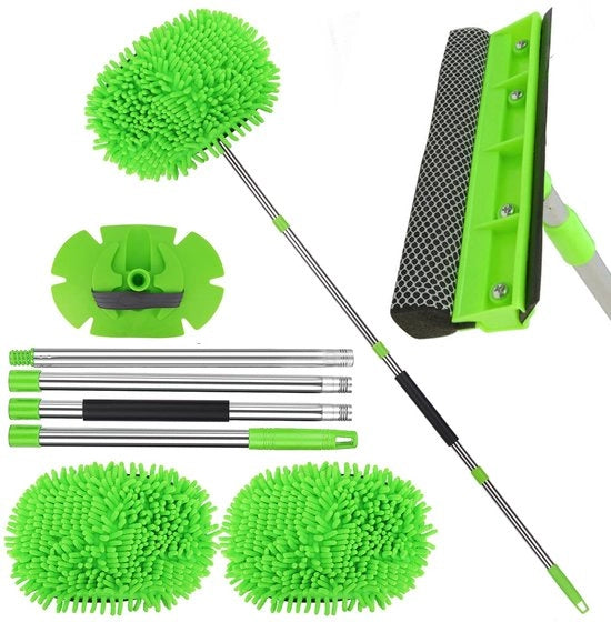 Set di spazzole per pulizia a 157,5 cm, guanto da pulizia microfibra con lunga manica e strumento di pulizia finestra 2 in 1 con getto d'acqua e spugna, 2 testine di chenille + 1 base di guanto da pulizia in plastica + 1