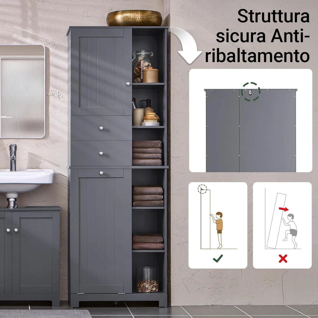 Mobile Bagno con Cesto per Linge Mobile Rangemento Alto Armadio Bagno con 6 Ripiani e 2 Cassetti Mobiletto Salvaspazio Grigio 60x37x171 cm BZR104-DG