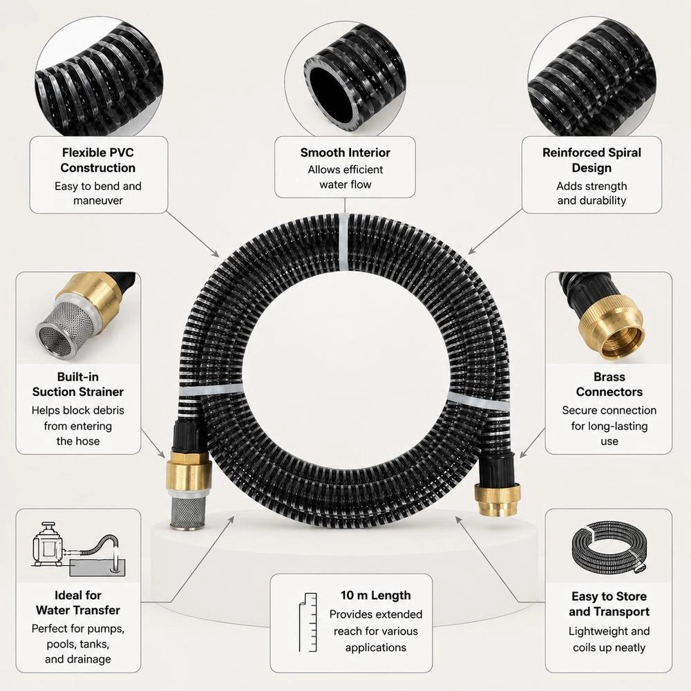 Suction Hose With Brass Fittings, Black, 1.1" 10 M PVC