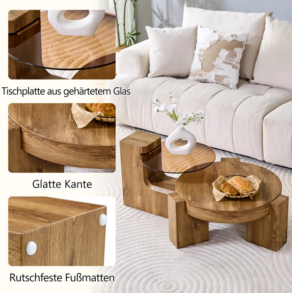 Set di tavolini da caffè rotondi 2 in 1 in MDF effetto legno e vetro temperato marrone