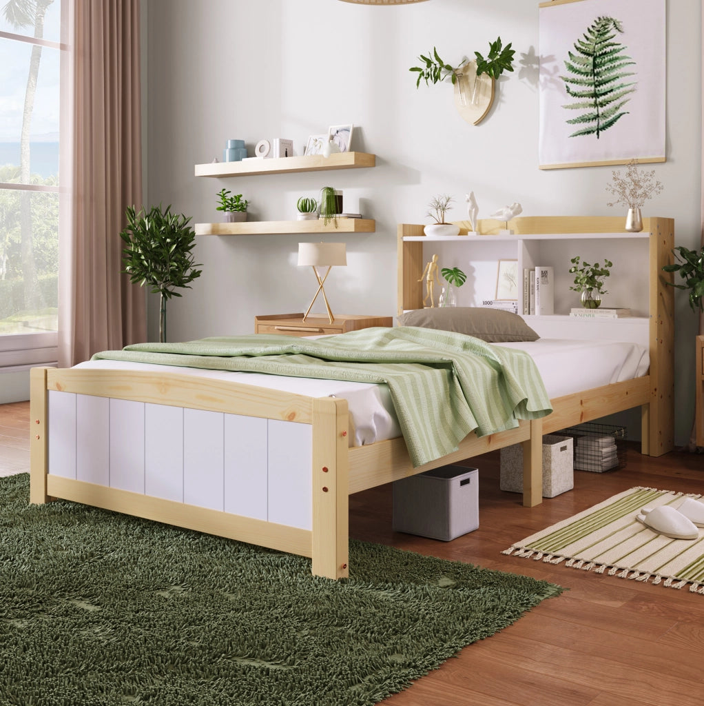 Letto singolo 90x200 cm in legno massiccio bianco con testiera contenitore e rete a doghe