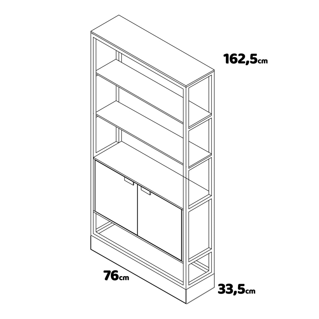 Edo - Libreria scaffale in stile industriale con 3 ripiani a vista e 2 ante, 76x33xH163 cm