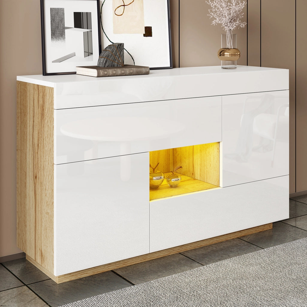 Madia con 2 Ante; 2 Cassetti e 1 Vano a Giorno; LED 16 Colori con App; Bianco Lucido ed Effetto Legno; 120??37??76;5 cm
