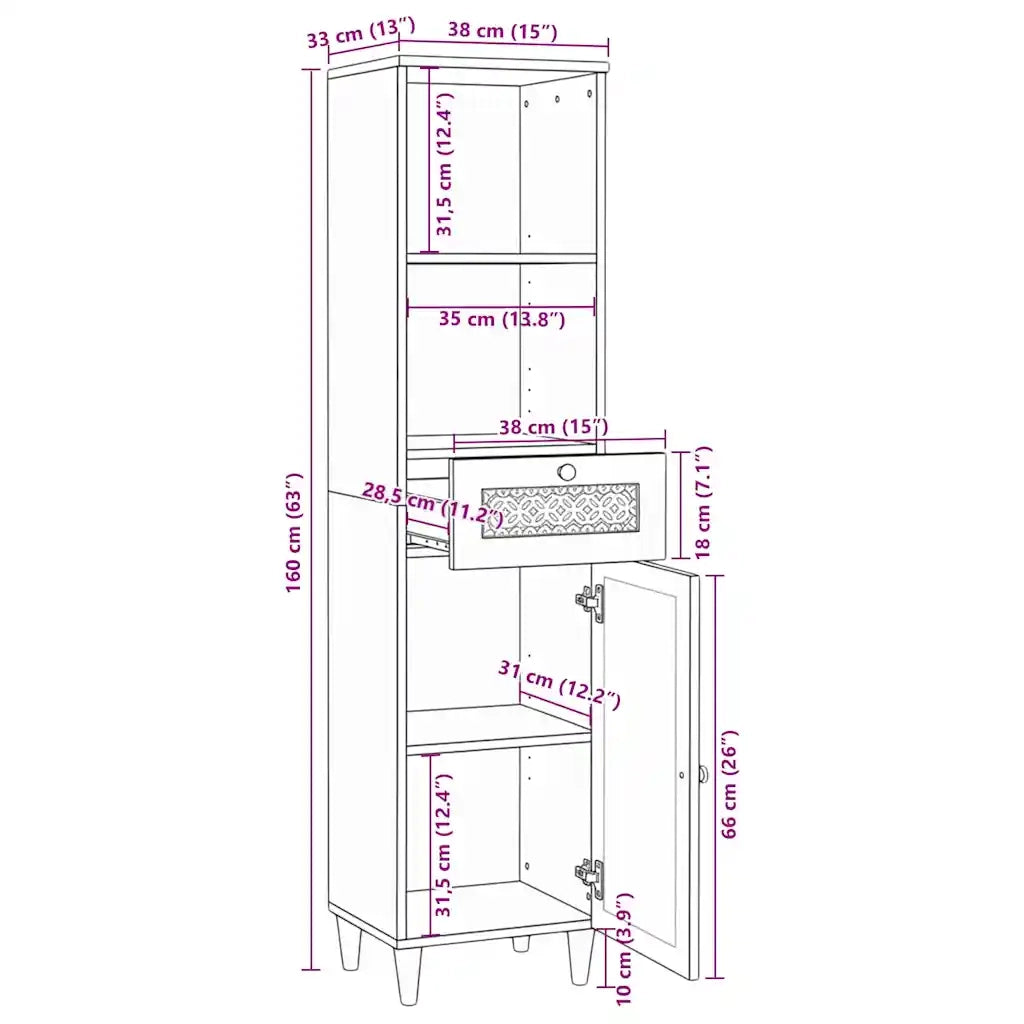 vidaXL Mobile da Bagno Bianco 38 x 33.5 x 160 cm Legno Massiccio Mango