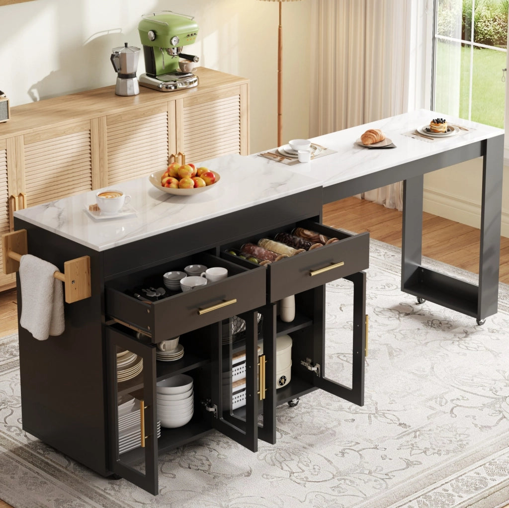 Isola da cucina mobile allungabile con piano bar; 132;5-217 x 50 x 93 cm; nero