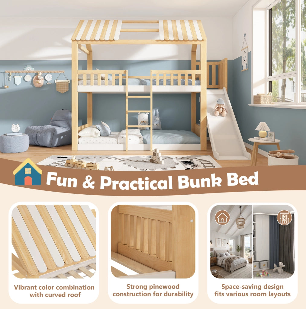 Letto a castello per bambini 90x200 cm in legno bianco e naturale con tetto a capanna; scaffale e scivolo