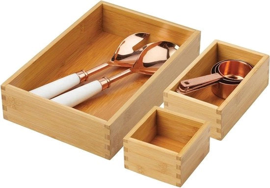 Organizzatore di cucina in bambù in diverse misure - contenitore da cucina ripiegabile per utensili e accessori da cucina - set da 3 - naturale - cassettiera da cucina per utensili e accessori