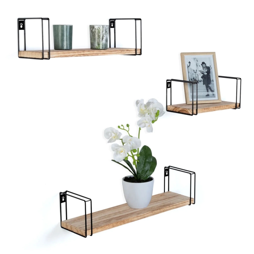 IDMarket - Set di 3 mensole da parete LILY, legno e metallo, design industriale
