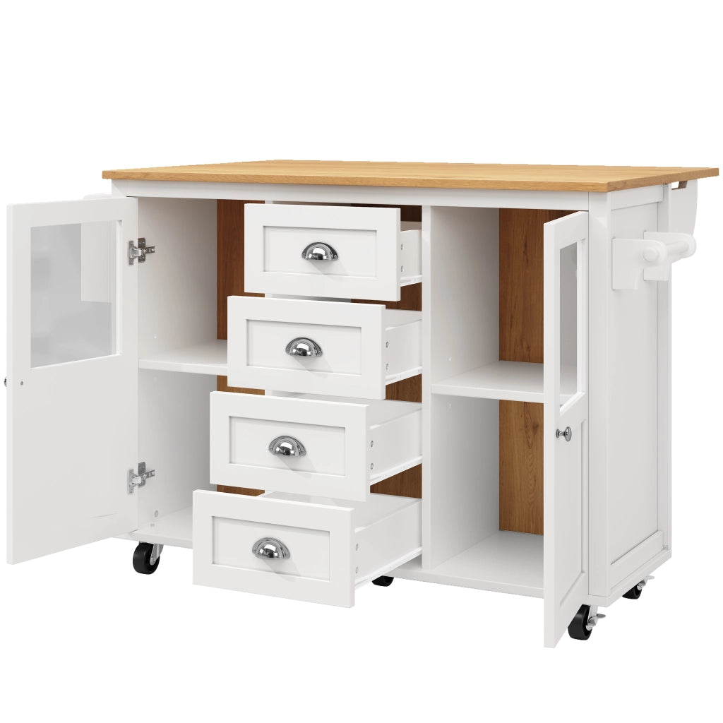 Carrello da Cucina con 4 Cassetti e 2 Ante; Piano Ribaltabile; Portaasciugamani e Portaspezie; Bianco