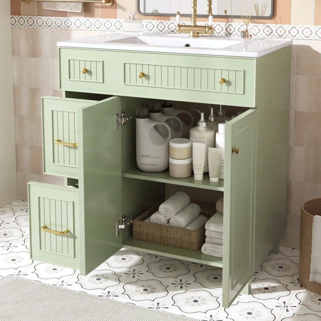 Mobile sottolavabo con lavabo in ceramica; 2 cassetti e 1 anta; spazio pratico per bagno; verde