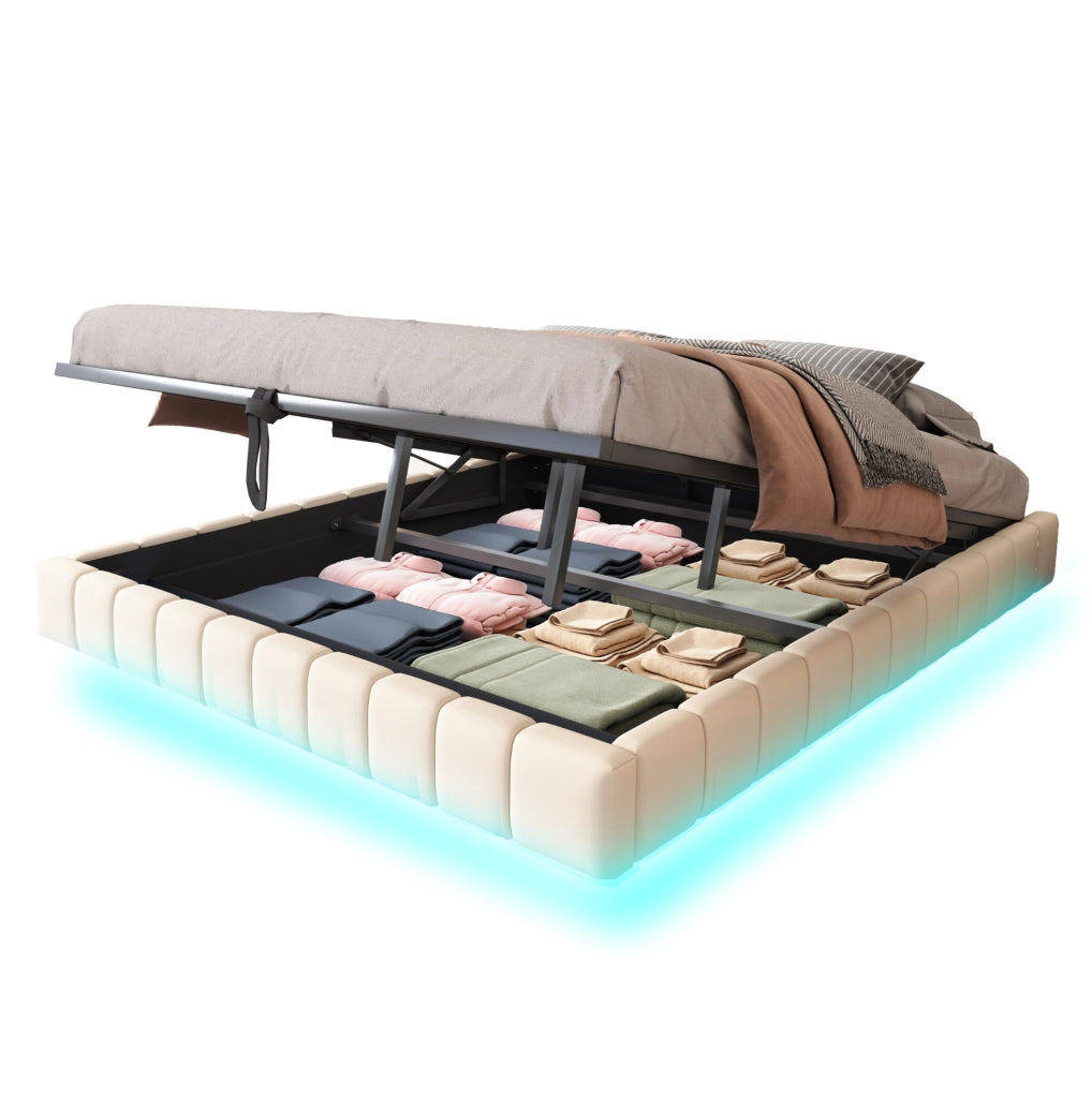 Letto matrimoniale sospeso imbottito 180x200 cm con contenitore; LED; beige in lino