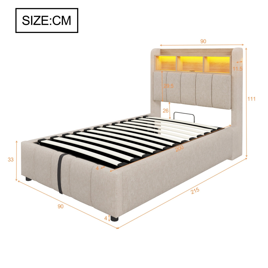 Letto imbottito 90x200 cm in tessuto effetto lino con LED, USB-C e vano contenitore idraulico, beige