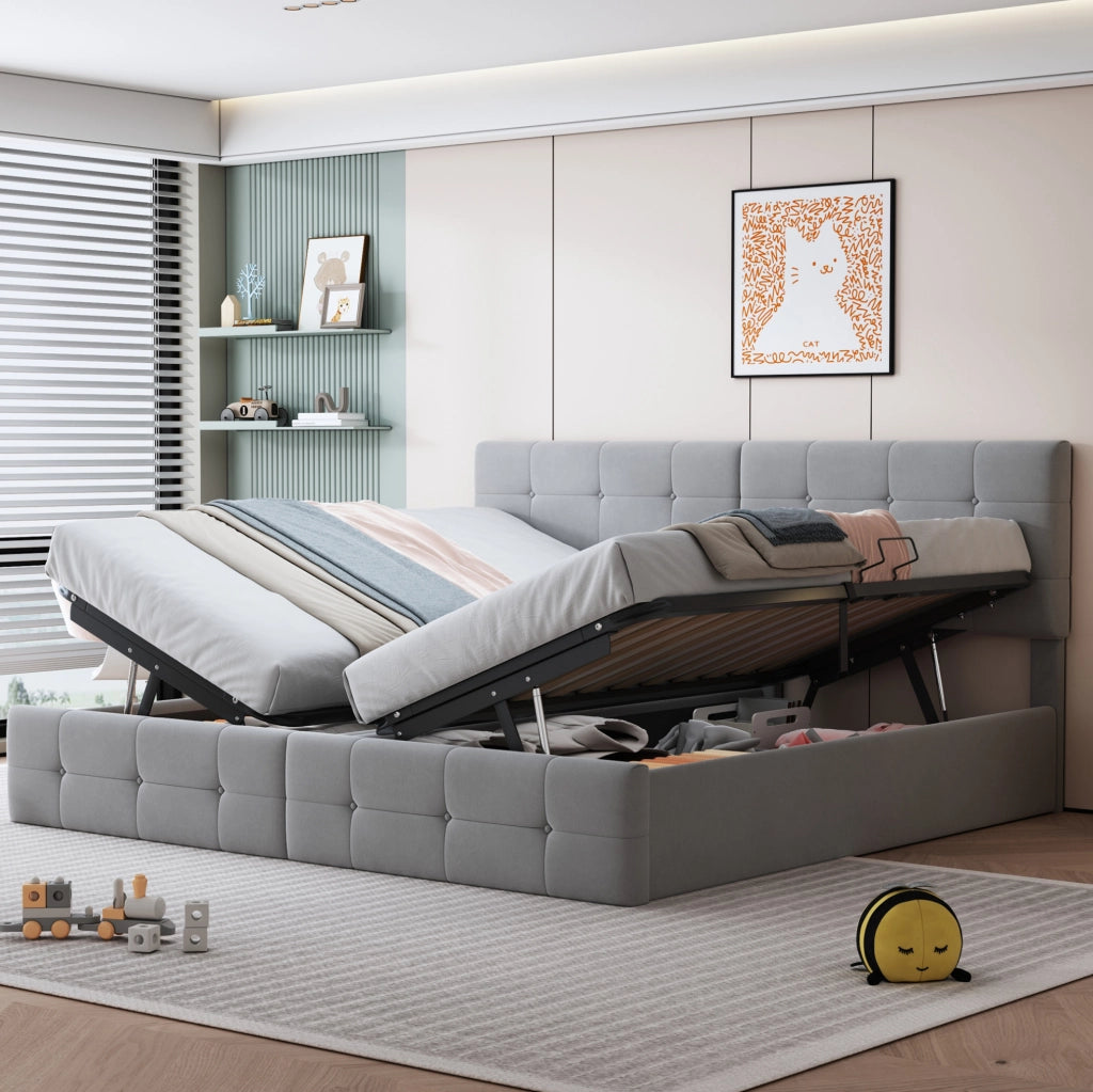 Letto imbottito 180x200 cm con contenitore idraulico; convertibile in due letti 90x200 cm; grigio