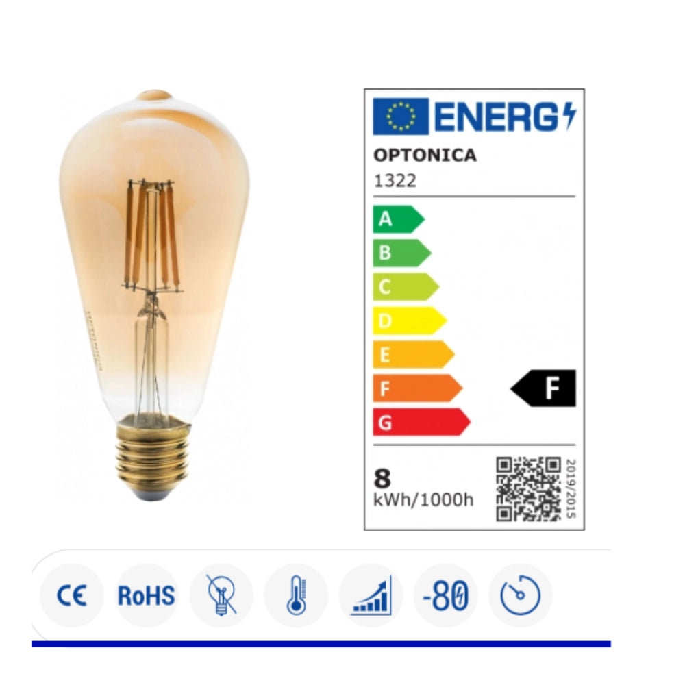 Optonica lampadina candela led attacco e27 luce calda vetro dorato dimmerabile