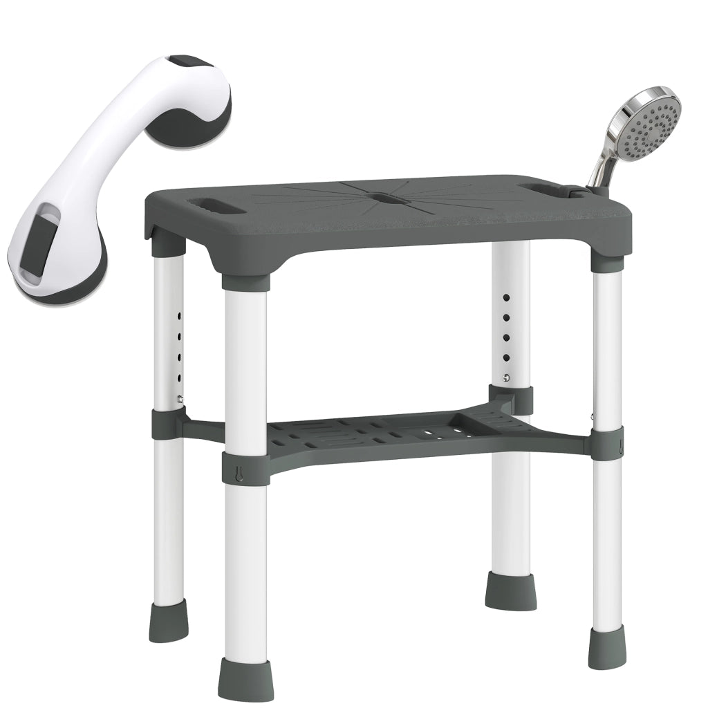 Sgabello da Doccia Regolabile con Ripiano Integrato e Barra di Supporto ¨C Xylo ¨C Grigio