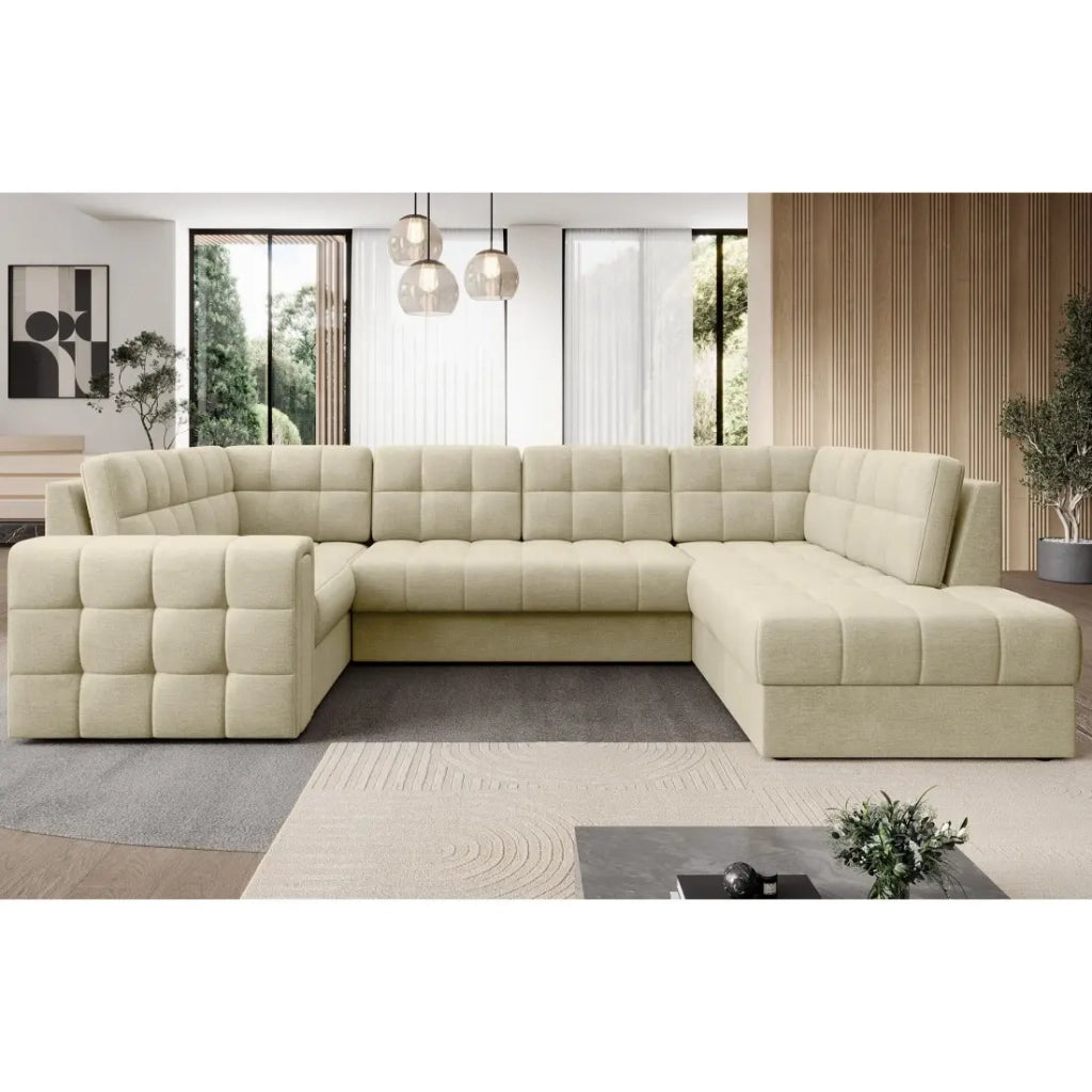 Divano ad angolo trasformabile MONTEZA beige 299 cm con contenitore e letto